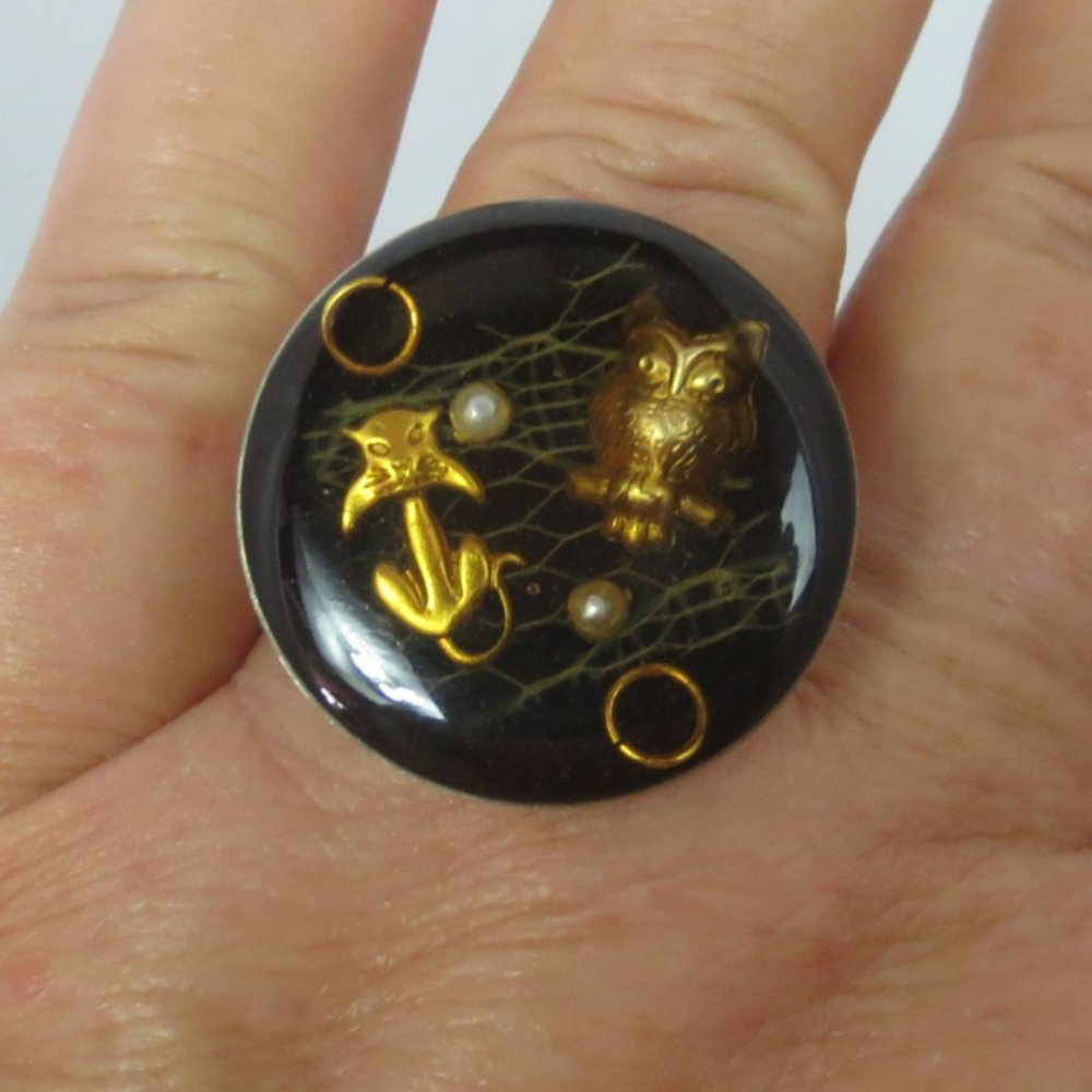 Handcrafted Ring Vintage Habitat Button Steampunk Wire Wrap Everyday Fun Size 9